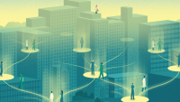 Illustration of health care workers standing atop buildings within the medical center